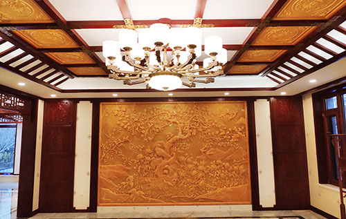 大方中式别墅客厅中式木作横梁吊顶装饰展示